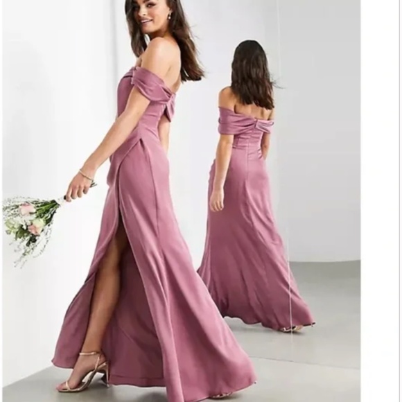 ASOS EDITION satin Bardot drape wrap maxi dress in orchid size 4 - Picture 1 of 11